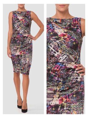 JOSEPH RIBKOFF Multicolor Grahpic Gold Metallic Shimmering Sheath Dress Sz 6